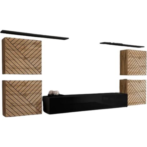 Set mobile soggiorno SWITCH IV – Rovere Wotan e Nero – Finiture rovere fresato e nero lucido – Design moderno
