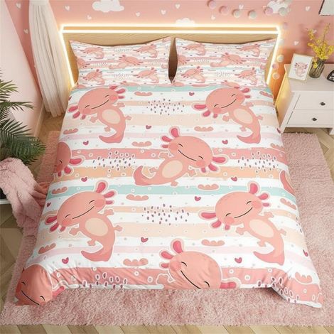 Bettwäsche-Set 200x200cm mit Axolotl-Motiv, Rosa Streifen, Mikrofaser