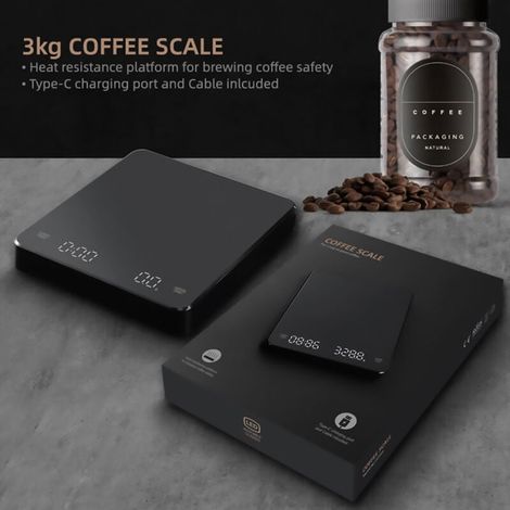 CK2150 Electronic Coffee Scale with LED Display, Timing Function (Built-in Lithium Battery), High Temperature Resistance, Maximum Weight 3000g, Black MUMU (1/4)