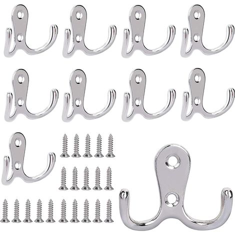 Crochets de porte double en métal argenté, lot de 10 avec vis, pour salle de bain, étagères, tiroirs, chambre, décoration murale, fixation robuste. (1/5)