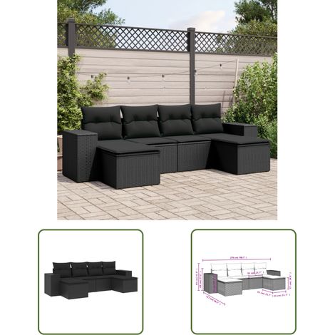 The Living Store 6-tlg. Garten-Sofagarnitur mit Kissen Schwarz Poly Rattan - Gartensorte - Gartenmöbelset - PE-Rattan Möbel - Outdoor Lounge Set - Balkonmöbel (1/3)