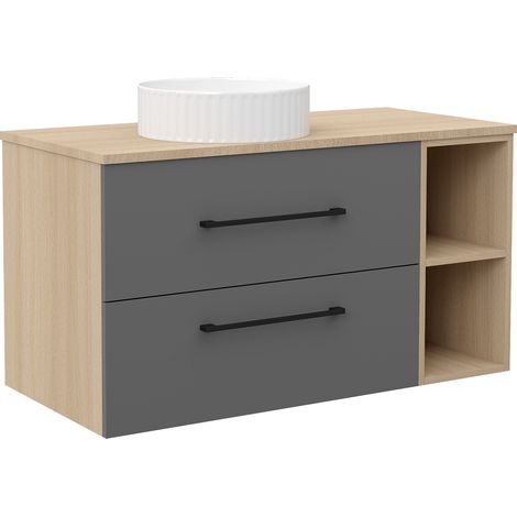 Acezanble 1000mm Vanity Unit with Ceramic Sink Wall Hung Bathroom Cabinet Two Drawers Shelf Grey and Oak