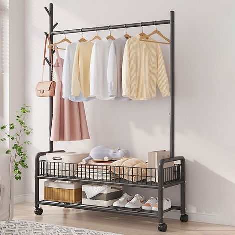 Portant à vêtements sur pied 90x35x176 cm – Acier inoxydable – 2 étagères et 5 crochets pour rangement optimisé (1/5)