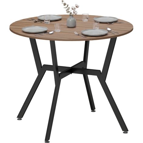 Table ronde de salon pour 2 personnes avec piètement en X. en bois et acier. Ø90 x 76 cm. noir et marron (1/5)