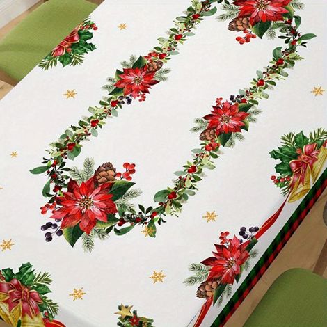 1pc Nappe de Noël Élégante avec Motifs Rouge, Vert, Doré, Blanc & à Carreaux Tartan - Décoration Rectangulaire pour Table Festive d'Hiver (Noël, Nouve (1/5)