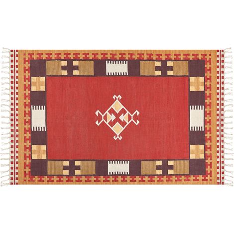 Alfombra kilim de algodón rojo marrón beige 140 x 200 cm a mano geométrico borlas Parakar
