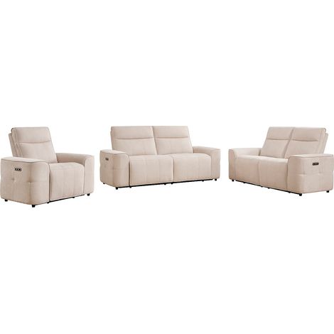 Divano 3 posti e 2 posti e poltrona relax elettrica in tessuto ciniglia beige - SCAMOCO (1/5)