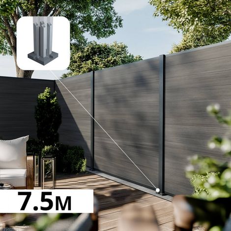 Kit Clôture Composite CRUZ Ardoise 7,5x1,8m - Bois composite & Aluminium - Poteaux sur Platines Gris - Brise vue - Palissade