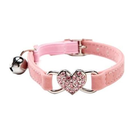 Collier de chat réglable avec breloque cloche et cœur avec pierres de cristal, tissu en velours doux, 8-11" (rose), Fei Yu (1/5)