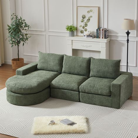 Canapé d’angle modulable 251x160x81 cm avec méridienne réversible, double coussinage, 3 coussins cale-nuque, tissu chenille, sans montage vert (1/5)