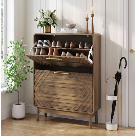 Schuhschrank 60 x 24,1 x 95 cm aus MDF Nussbaum, 2 Klappen, platzsparend – MEUBLIV (1/5)