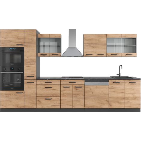 Cuisine R-Line, Chêne doré/anthracite, 350 cm avec armoire haute, sans plan de travail, Vicco — vue 2