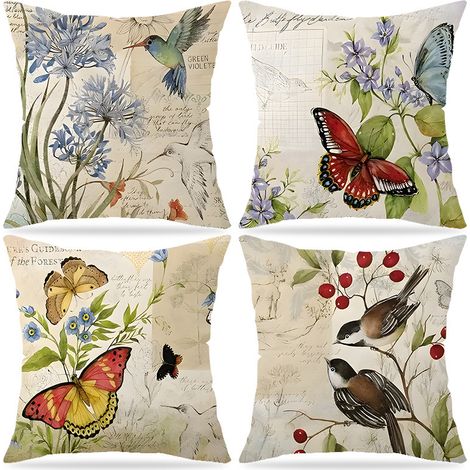 Lot de 4 housses de coussin décoratives style ferme 45 x 45 cm, motifs fleurs, papillons et oiseaux, pour canapés, salons et extérieurs (1/5)