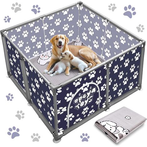 Parc Carré pour Animaux en Acier Inoxydable et Toile Oxford avec Tapis Imperméable Enclos pour Grand Chien Chats Petits Animaux Bleu Sombre (1/5)