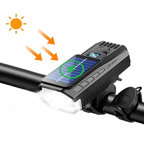 Faro anteriore per bicicletta a energia solare, ricaricabile tramite USB, con altoparlante e indicatore di carica della batteria (4 modalità) (1/4)