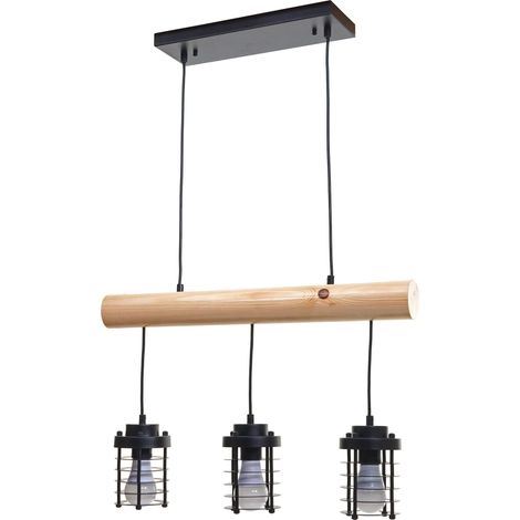 Lampe à suspension HWC-H83, métal industriel, bois massif, noir 3x abat-jours cage (1/5)