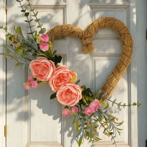 Guirlande En Jute Avec Rose Et Coeur - Décoration De Porte D'Entrée Pour La Saint-Valentin - Extérieur Et Intérieur - 1 Pièce (1/5)