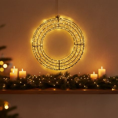 Corona in metallo con luci LED per decorazioni natalizie -Bianco caldo e ambra / Large 58 cm