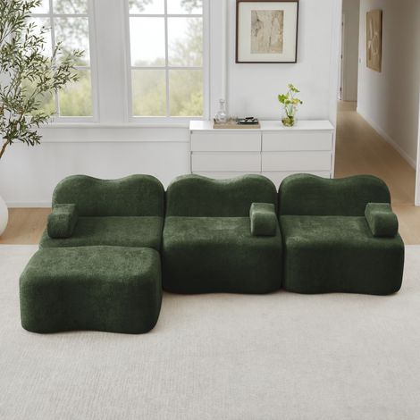 Canapé d’angle modulare 3 posti in velluto verde con pouf, seduta profonda e design ondulato (1/5)