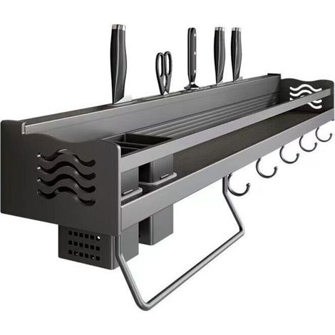 Spice Rack, Wall-Mounted Kitchen Shelf, No Drilling Required, Spice Holder with 6 Removable Hooks, Can Hold Spices, Hang Spatulas, Spoons and Other Kitchen Utensils (1/5)