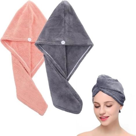 2 serviettes turban avec bouton, en microfibre extra absorbante, séchage rapide, fermeture à boutons moelleuse (rose, gris) (1/4)
