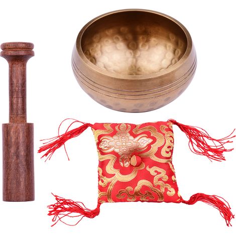 Tibetisches Klangschalen-Set mit 8 cm/3 Zoll handgefertigter Metallklangschale, weichem Kissen und Holzklöppel für Meditation, Klangheilung, Chakra-Heilung, Yoga und Entspannung (1/2)