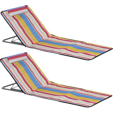 Lot de 2 Tapis de Plage Pliables Multicolores, Dossier Réglable avec Repose-Tête, Tissu Oxford, Structure Acier, Sac de Transport Inclus, Dimensions 124 x 53 x 45 cm