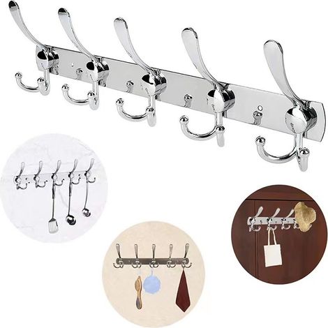 Porte-manteau mural en acier inoxydable argent 15 crochets, pour manteaux serviettes (1/5)