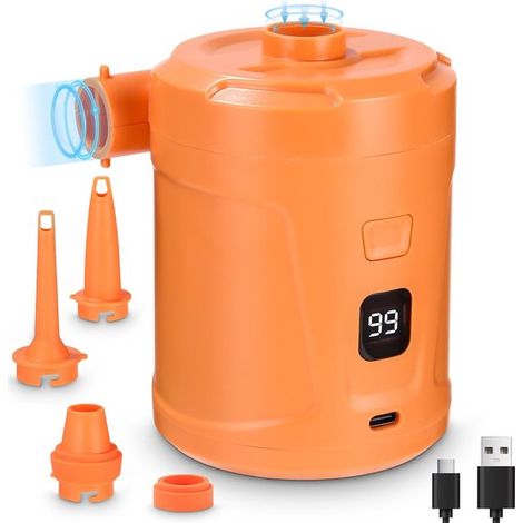 Pompe à air électrique portable 5200 mAh, débit 400 L/min, rechargeable, avec 3 buses, compresseur rapide pour bateau et matelas pneumatique, orange (1/5)