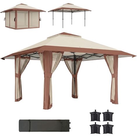 Tonnelle de jardin pliante 4x4 m double toit ventilation moustiquaires structure acier protection UV50+ sac transport pavillon extérieur beige (1/5)