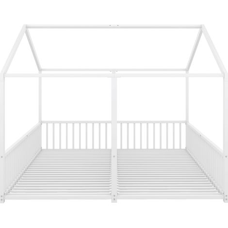 Cama infantil de metal 90 x 200 cm tipo casita blanca con barrera y escalera (1/5)