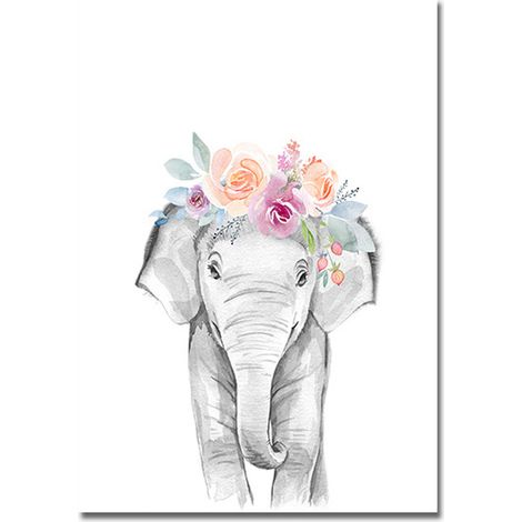 Tableau décoratif sur toile avec couronne de fleurs et animaux, affiche pour chambre d'enfant (girafe, éléphant, lion), motif animalier.
