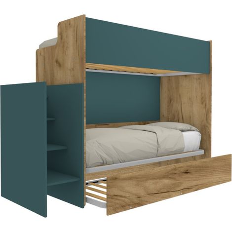 Letto a castello minimalista con terzo letto estraibile - Quercia e verde petrolio