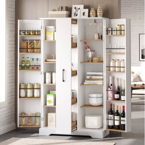 Buffet de cuisine avec étagères réglables, rangement à épices et colonne coulissante, 78x40x150 cm, MDF blanc (1/5)