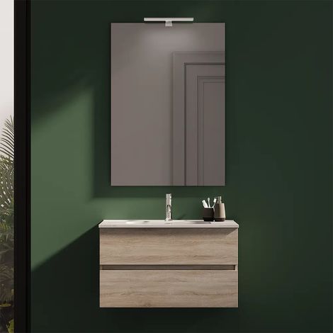 Mobile da Bagno Sospeso 80 cm Due Ante Rovere Chiaro Lavabo e Specchio Inclusi Mod. Yili (1/4)
