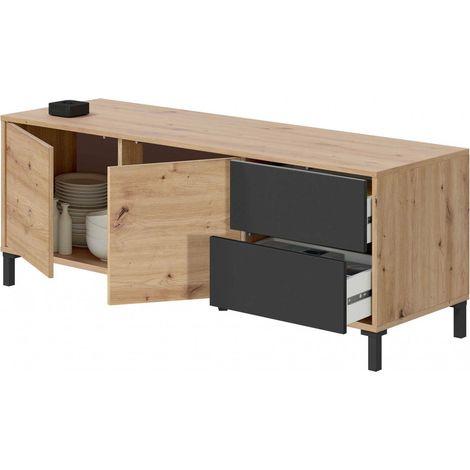 Credenza Arecibo, Buffet da soggiorno, Mobile porta TV, Madia con piedini per salotto, Armadio moderno a 2 ante, 130x41h47 cm, Rovere nodi e Antracite