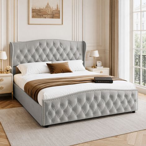 Lit coffre adulte 140x190 cm avec rangement hydraulique, Cadre de lit 140x190 avec sommier et tête de lit rivet, Lit chesterfield en velours, Gris (1/5)