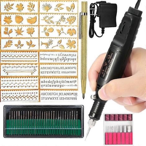 Stylo graveur électrique, kit d'outils de gravure pour métal, verre, pierre, céramique, plastique, bois et bijoux avec tête de polissage, outil de gravure et pochoirs (prise US). (1/5)
