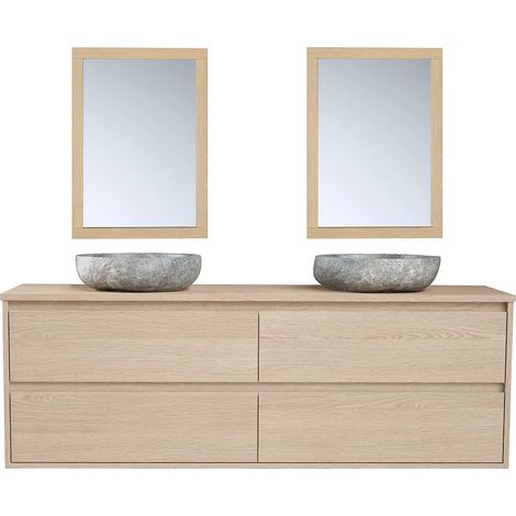 Mobile per bagno con doppio lavabo da appoggio in Pietra e specchio 150 cm Placcatura Rovere - MILIPAM (1/5)