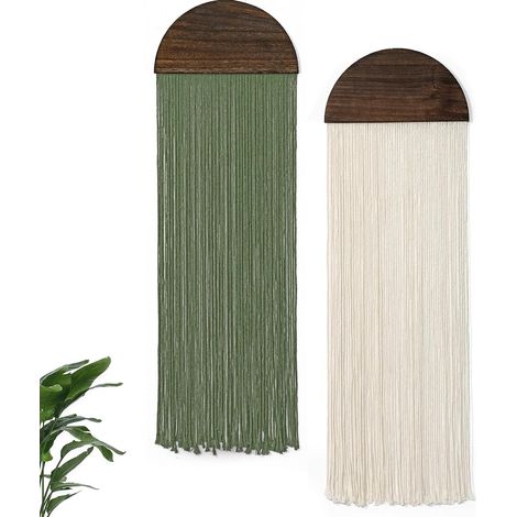 Tapiz de pared de macramé de 2 piezas, color verde, semicircular, con borlas. Decoración bohemia para sala de estar y dormitorio, 85 x 30 cm (beige y verde). (1/5)
