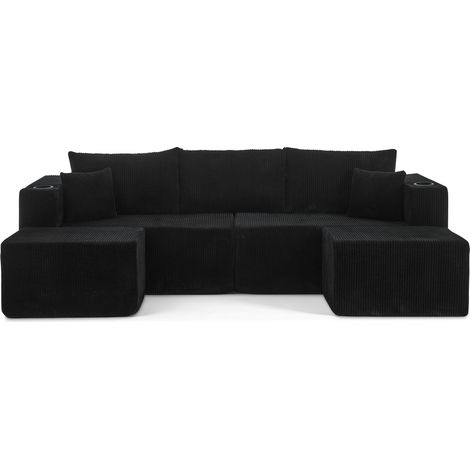 Modulares 3-Sitzer-Ecksofa in Schwarz aus Cord mit beweglichen Hockern und Becherhaltern (1/5)