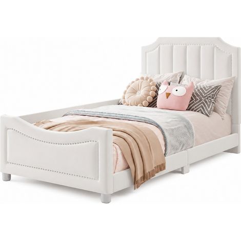 Lit Enfant 90 x 200 cm, Cadre en Bois et Flanelle, Banquette avec Dossier et Accoudoirs, sans Matelas, Beige (1/5)