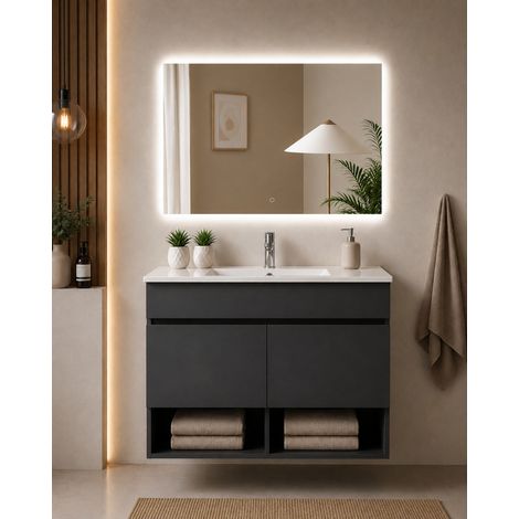 Wall-hung bathroom cabinet with ultra-slim basin ORIGENBATH NEBARI with doors without mirror 70x45 cm graphite (1/5)