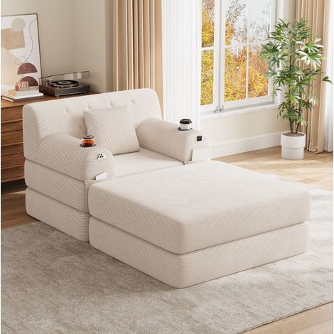 Poltrona convertibile 1 posto con pouf, divano letto in velluto a coste beige, schienale alto (1/5)