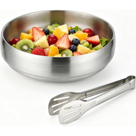 Saladier Double Paroi en Acier Inoxydable 23 cm 1800 ml avec Pince à Salade, Bol de Service Inox 18/8 pour Cuisine, Buffet, Camping et Pique-nique, Lavable au Lave-Vaisselle (1/5)