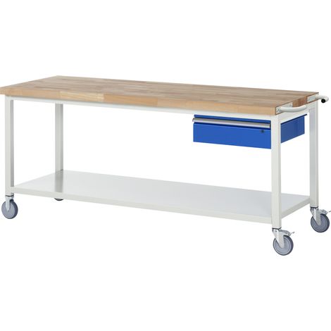 Werkbank Classic B2000xT700xH880mm Buche massiv lichtgrau/blau 1 Schubl.fahrbar (1/5)