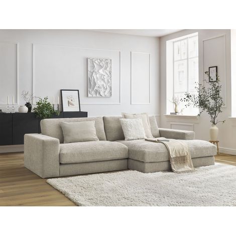 Bobochic – Canapé d'angle fixe 4 places – Tissu texturé beige – Structure en pin et hêtre – Confort moelleux avec coussins en silicone (1/5)