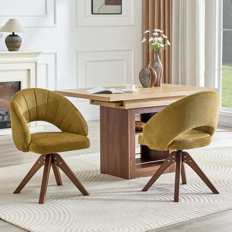 Ensemble 2 Fauteuils Pivotants Rétro Tissu Gingembre, Dossier Incurvé, Pivot 360° Silencieux, Pieds Bois Noyer
