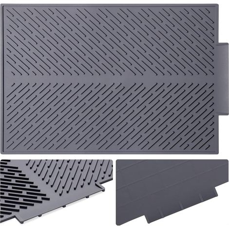 Tapis égouttoir à vaisselle en silicone gris 43 x 33 cm (17 x 13 pouces) avec système d'égouttage (1/4)