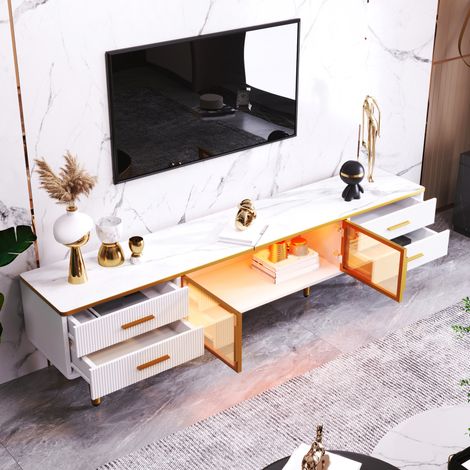 Meuble TV 170x37x47.5 cm blanc en panneau de particules avec LED, rangements spacieux et portes en verre trempé (1/5)